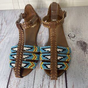 Ecote Sandals Size 7 Leather Upper Native American Beading BOHO Tribal Flats